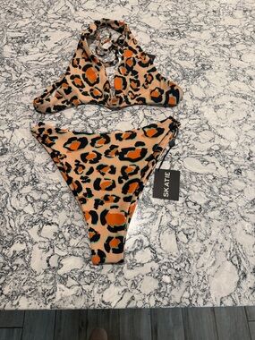 Skatie Leopard Print Bikini - Orange, Black & Green Accents